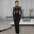 C7579 cross-border   fashion women's sexy see-through mesh rhinestone long-sleeve jumpsuit
