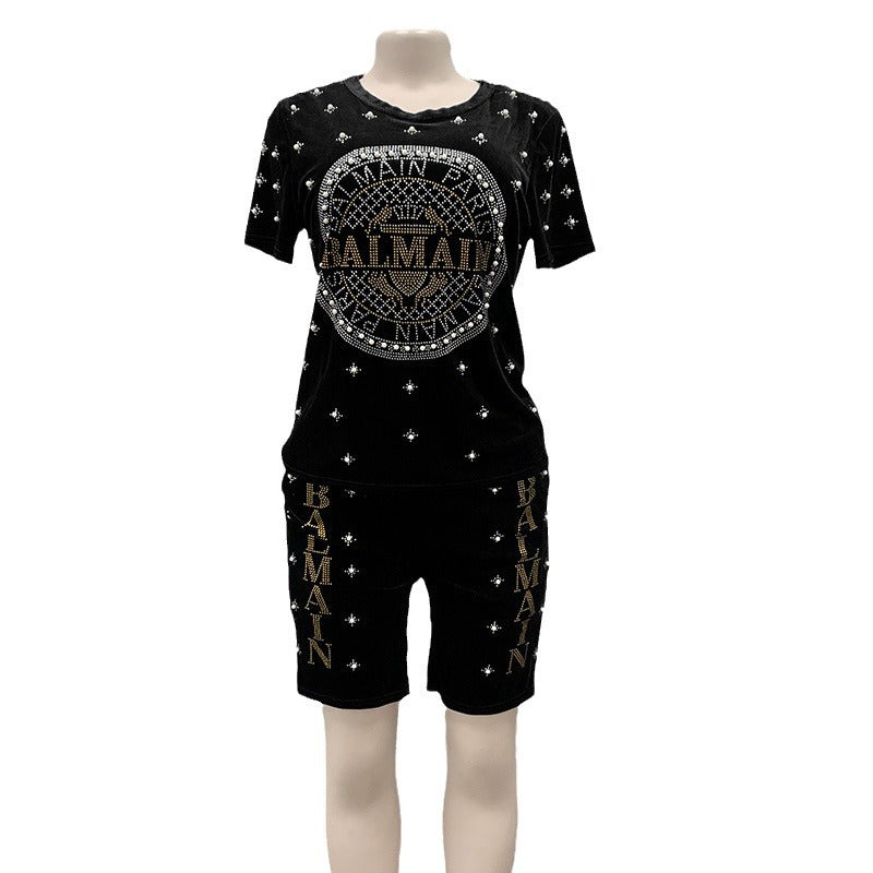 Export african women's sportswear set - t-shirt and shorts outfit with rhinestone lettering and beaded embellishments - casual, fashionable european and american style clothing