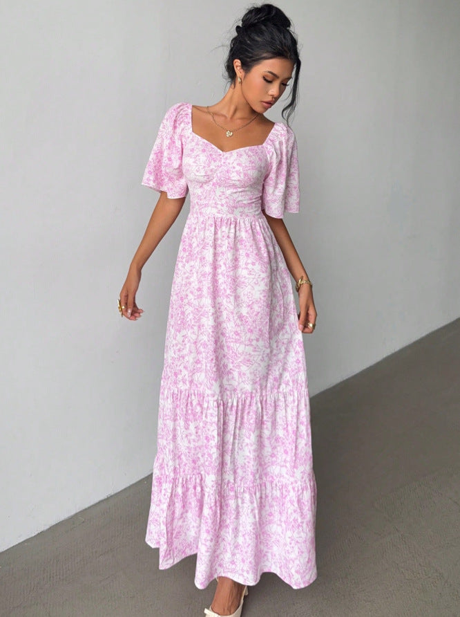 cross-border european and american french style new arrival: square neck puff sleeve dress - hot seller