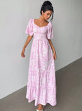 cross-border european and american french style new arrival: square neck puff sleeve dress - hot seller
