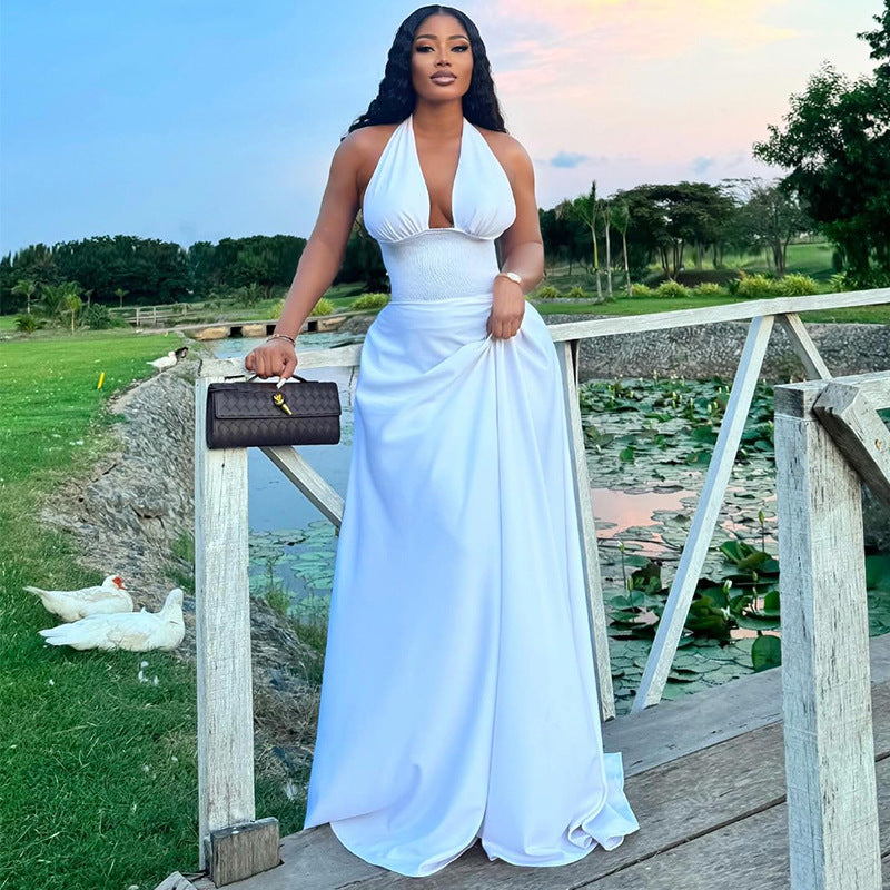 European and american cross-border women's fashion:  autumn new arrivals - sexy and elegant halter neck, cinched waist, slit hem, sleeveless maxi dress