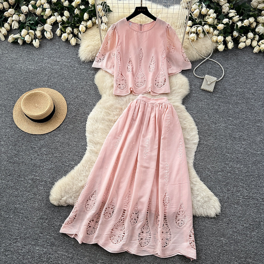 French chic lace-trimmed bubble sleeve top & high-waisted midi skirt two-piece set - slimming look