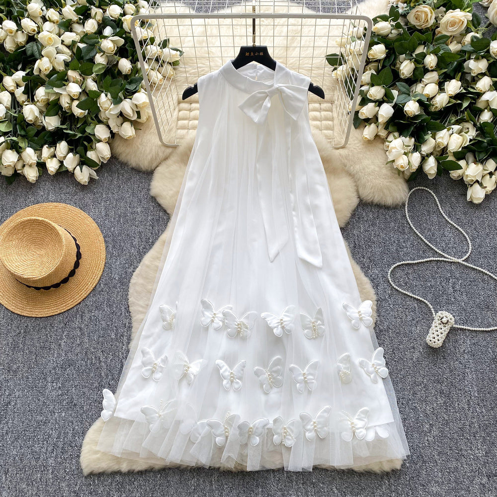 Gentle wind neckline bows strap halter sleeveless dress female french stereo butterfly mesh fairy dress