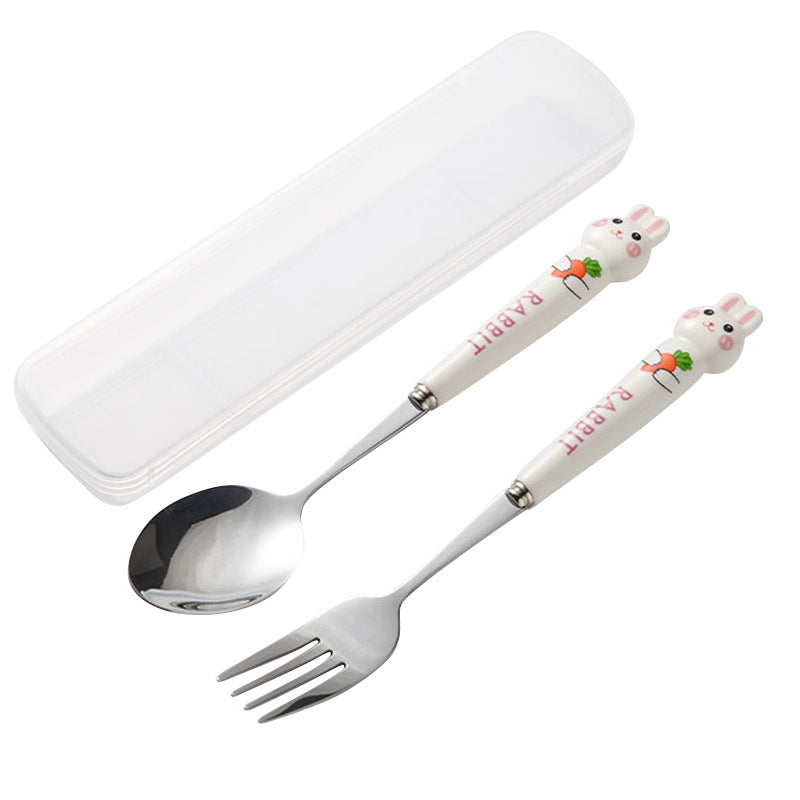 Cartoon rabbit portable cutlery set - 3-piece stainless steel spoon and chopsticks with ceramic handle
