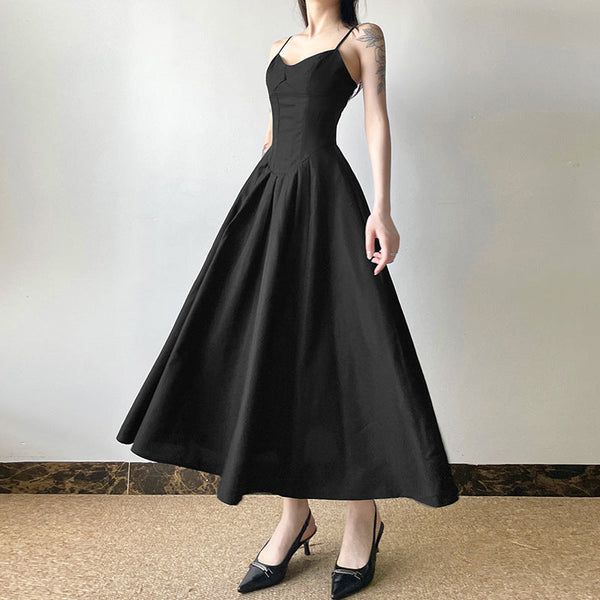 Temperament elegant solid color chest split suspender long dress umbrella skirt 2025 summer waist thin meat cover dress women