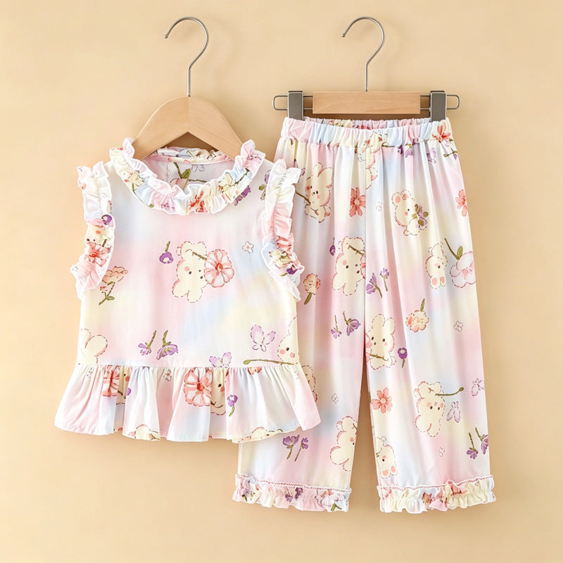 Girls' rayon outerwear set - cartoon print, loungewear, loose fit, breathable, cute summer lightweight lace pajamas