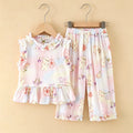 Girls' rayon outerwear set - cartoon print, loungewear, loose fit, breathable, cute summer lightweight lace pajamas