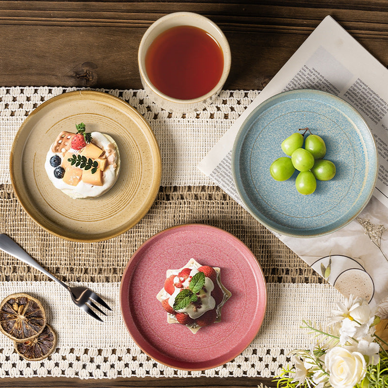 Retro kiln round disc with edge afternoon tea cake plate coffee cup and saucer restaurant bone plate snack plate for home fruit plate