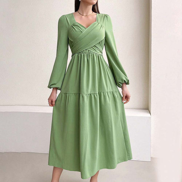 women's clothing elegant age-reducing dress autumn and winter small fresh and fashionable V-neck turquoise medium and long dress