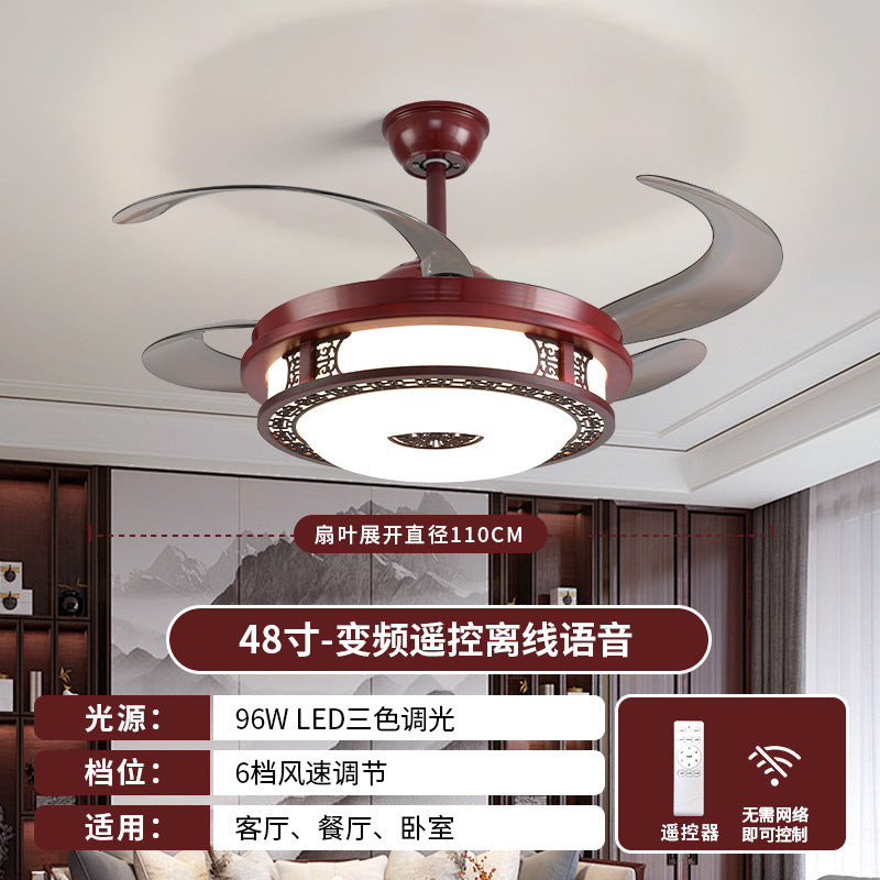 Wood art frequency conversion restaurant invisible ceiling fan light living room lamp solid wood 42 inch 48 Chinese style mahogany Chinese fan light