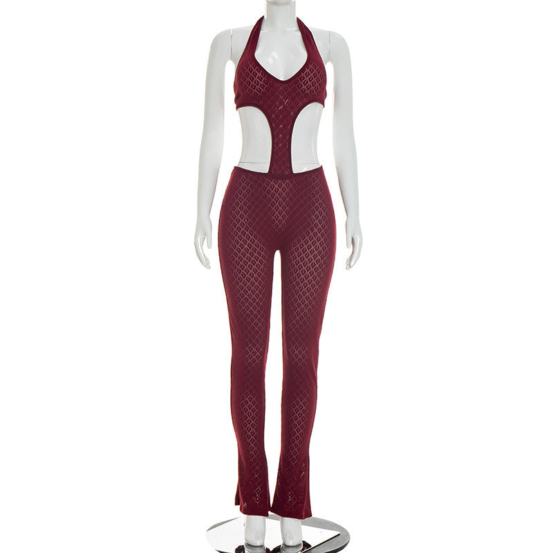 nightclub style sexy hot girl pure color see-through silmslimming lookknitting deep v jumpsuit one-piece jumpsuit
