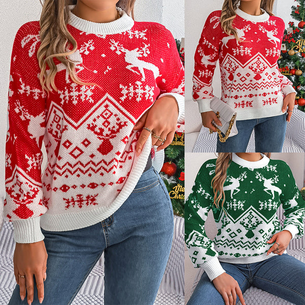 Real shot 2025 autumn and winter casual deer pattern long-sleeved pullover sweater Christmas,   women's clothing