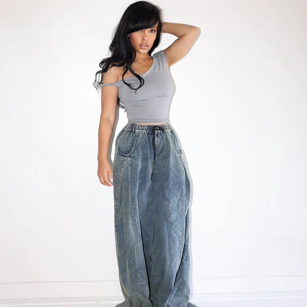 European and american style women's casual jeans -  cross-border fashion - streetwear elastic waist drawstring loose straight-leg pants