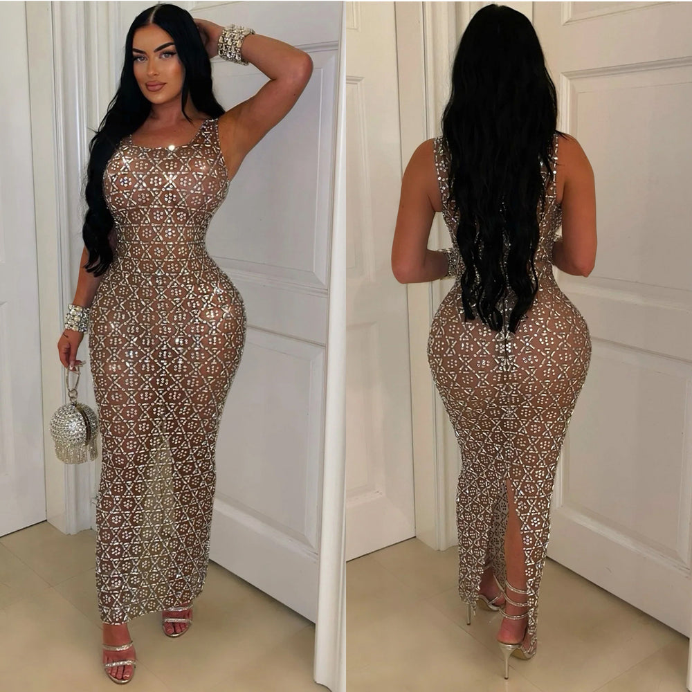 C6942 cross-border   independent station fashion women's sexy mesh see-through maxi dress