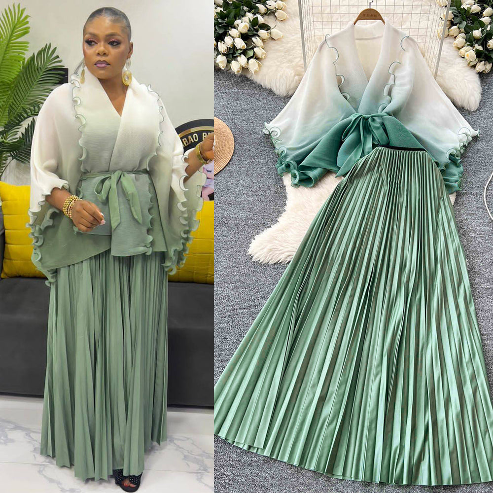 Fashion pleated suit women's strappy waist gradient color pressed pleated cardigantopshigh waistpleated skirttwo-piece set