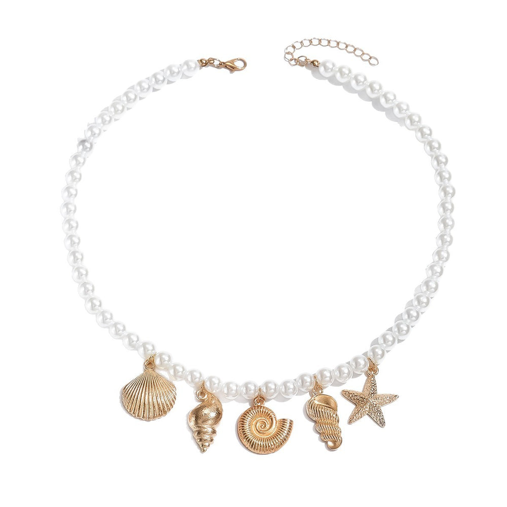 European and american cross-border ocean style alloy shell starfish conch pendant necklace, light luxury niche pearl jewelry necklace