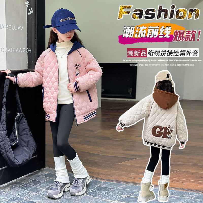 Girls' cotton-padded jacket, new  collection, autumn/winter outerwear for mid-to-large children, fleece-lined and extra thick, stylish and trendy, warm top for girls