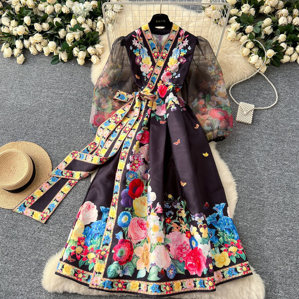 European and american retro v-neck mesh lantern sleeve tie-waist maxi dress with a-line print - french style
