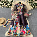 European and american retro v-neck mesh lantern sleeve tie-waist maxi dress with a-line print - french style