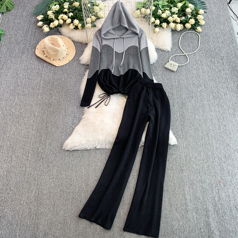 Women's casual set: new design drawstring waist color block hooded long sleeve sweatshirt two-piece set with high-waisted wide leg pants