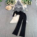 Women's casual set: new design drawstring waist color block hooded long sleeve sweatshirt two-piece set with high-waisted wide leg pants