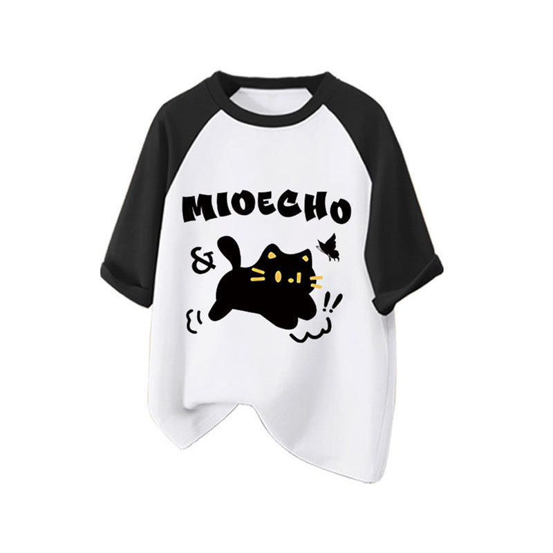 Girls' summer  new cute two-piece set: kitten casual short-sleeve loose-fit plaid pants outfit with cartoon design