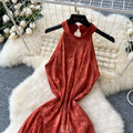 Frenchretro style classy sense of smudged halter sleeveless dress women's summer waist design beautiful long skirt