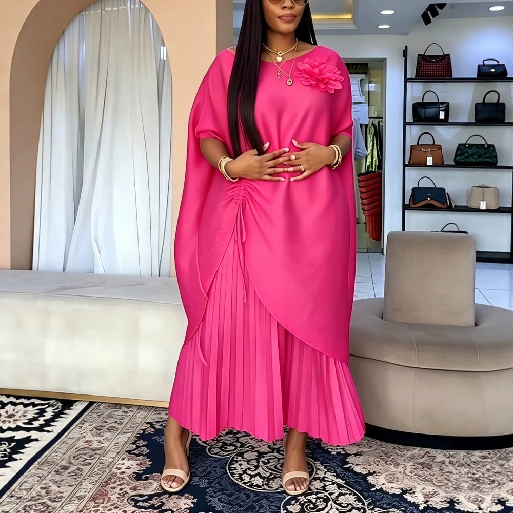 African loose pleated 3d floral fashion outerwear & pleated wide-leg pants set - party & wedding robe two-piece outfit