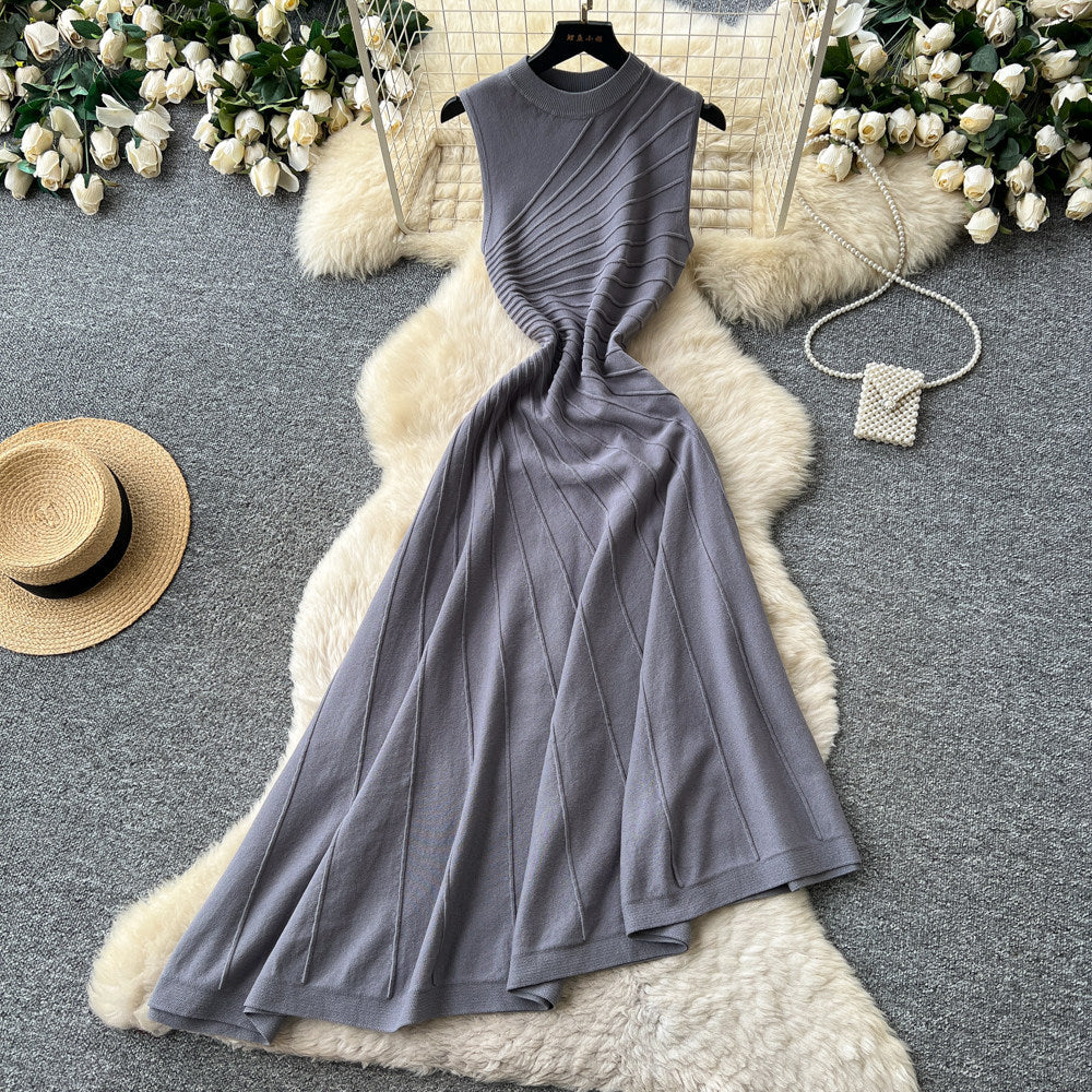French chic sleeveless knit irregular hem dress - women's summer retro a-line dress - slimming, elegant, and versatile workwear maxi dress
