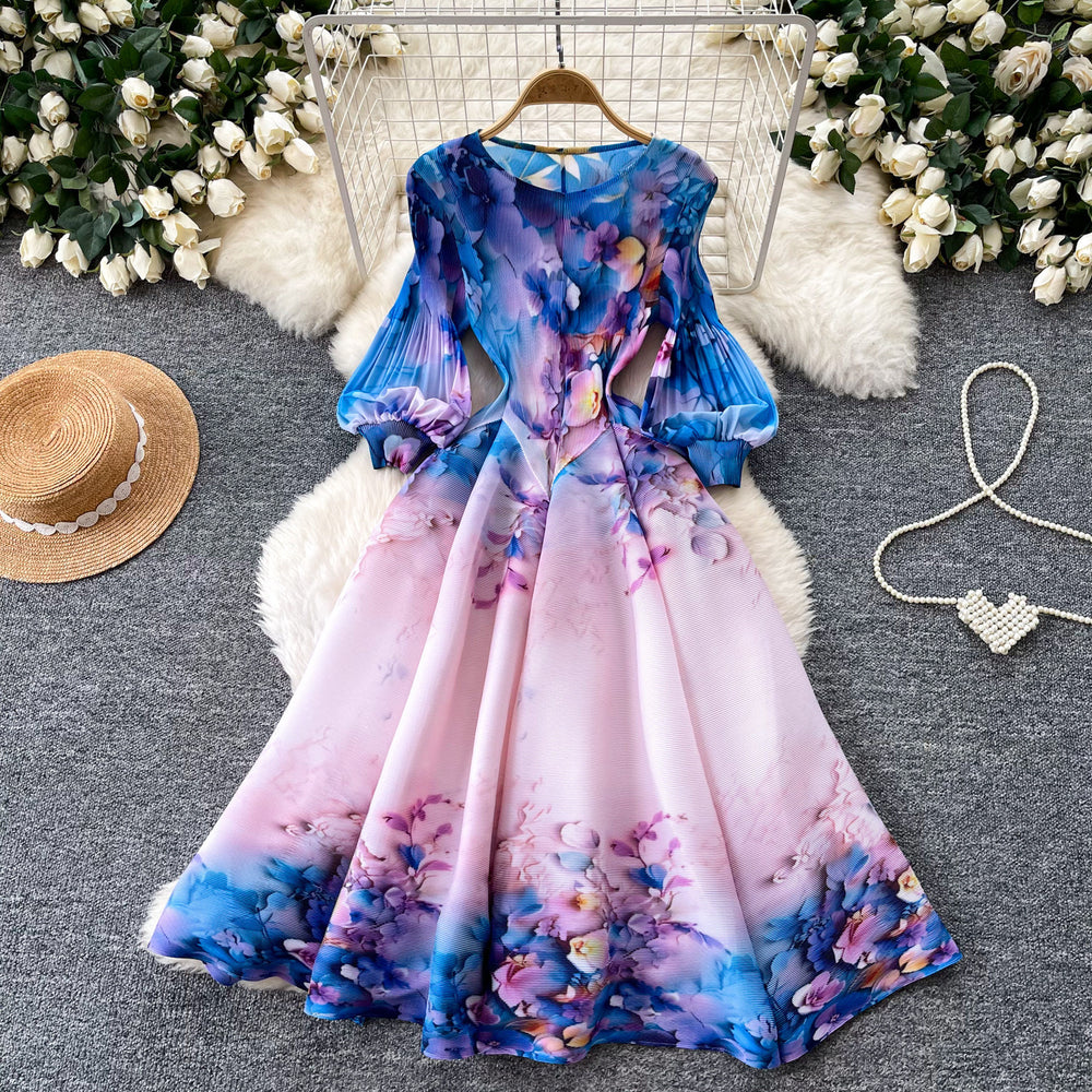 French romantic floral print dress - women's spring long sleeve slim fit a-line maxi dress - elegant, chic, and youthful