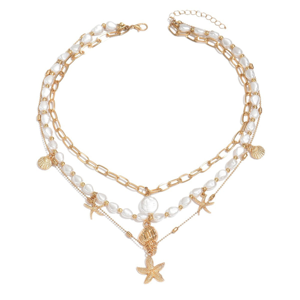European and american cross-border summer seaside starfish and conch necklace for women multi-layered design sense vacation imitation pearl clavicle chain