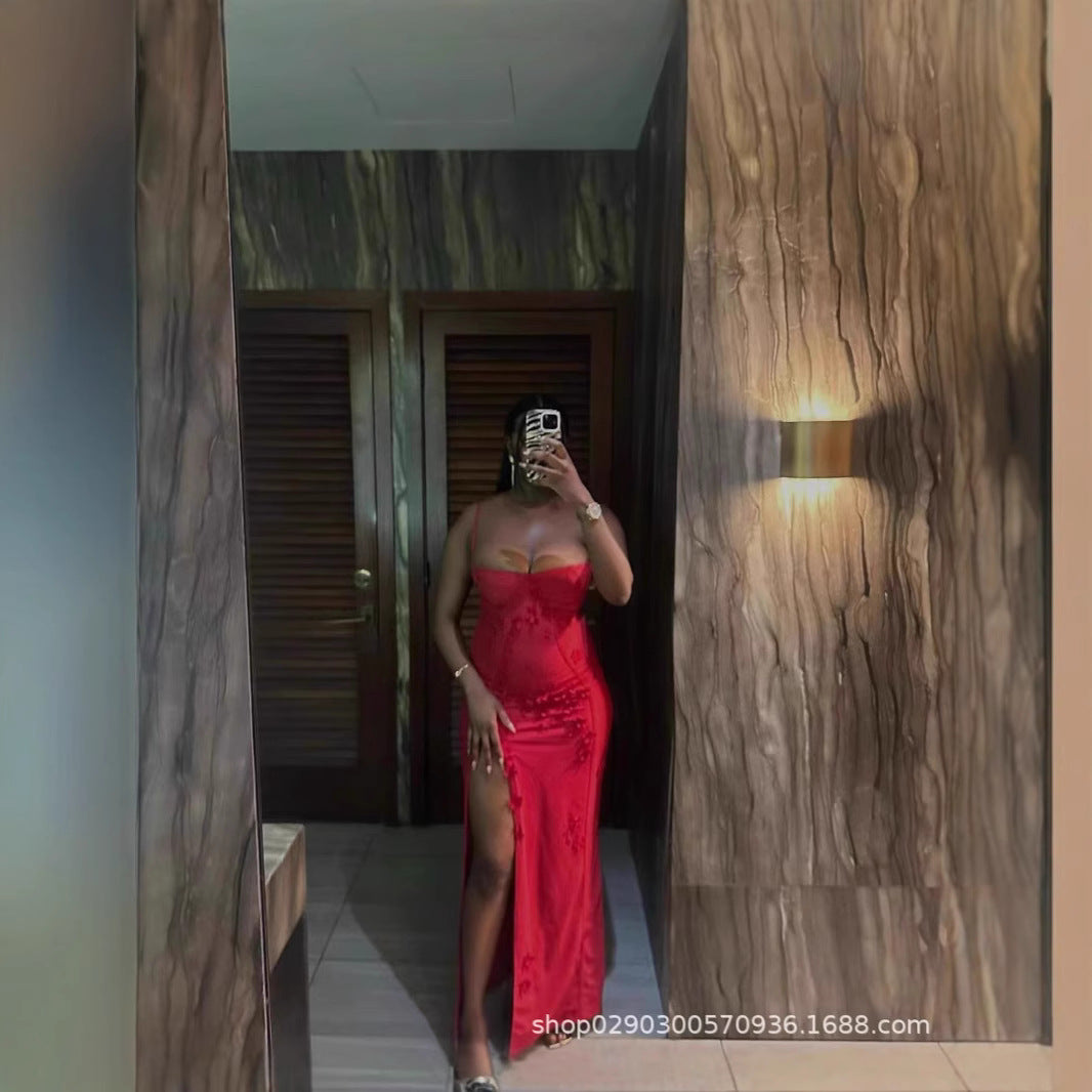 SDM112 autumn and winter European and American new suspender three-dimensional flower slit long dress party dress wholesale Dress