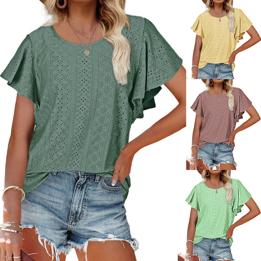 summer new arrival: cross-border european & american women's apparel -  style ladies' top - cutout waist, ruffle sleeve, casual t-shirt