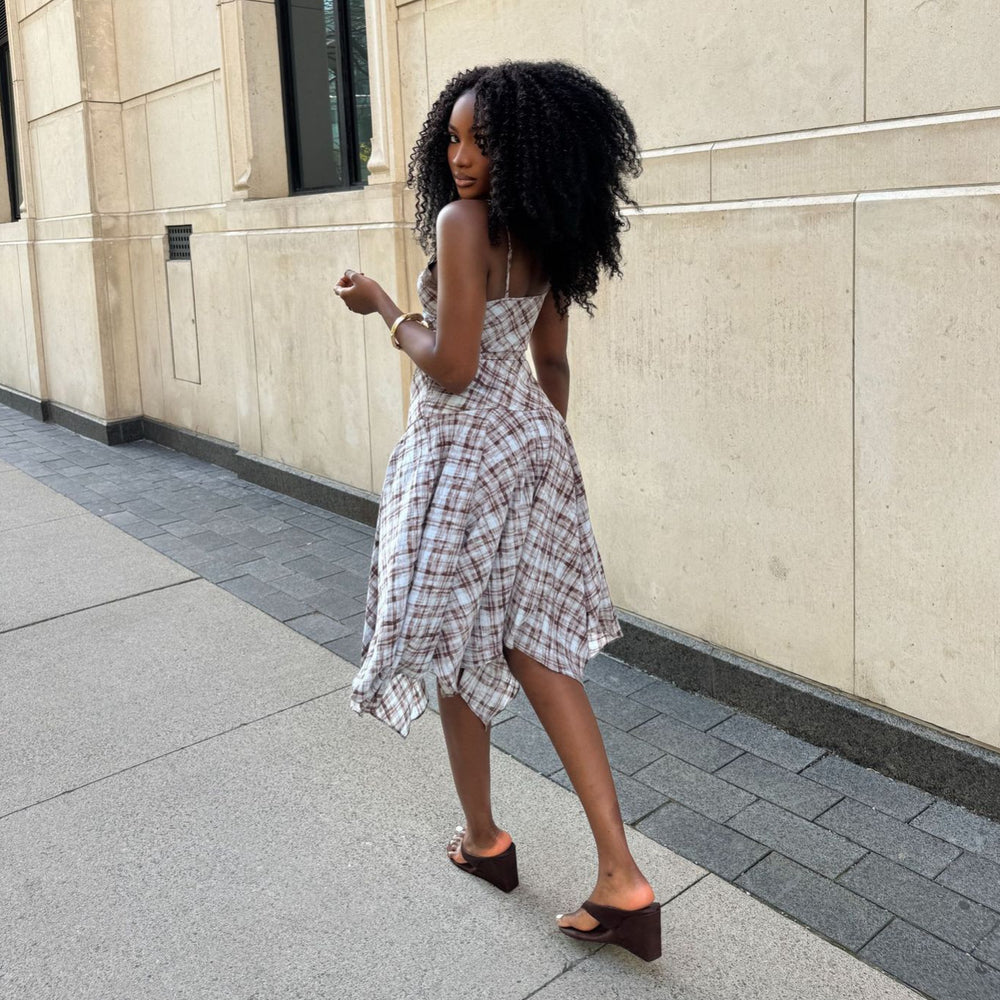 European and american cross-border women's fashion:  summer new collection - chic and elegant plaid cami top with asymmetrical midi skirt set
