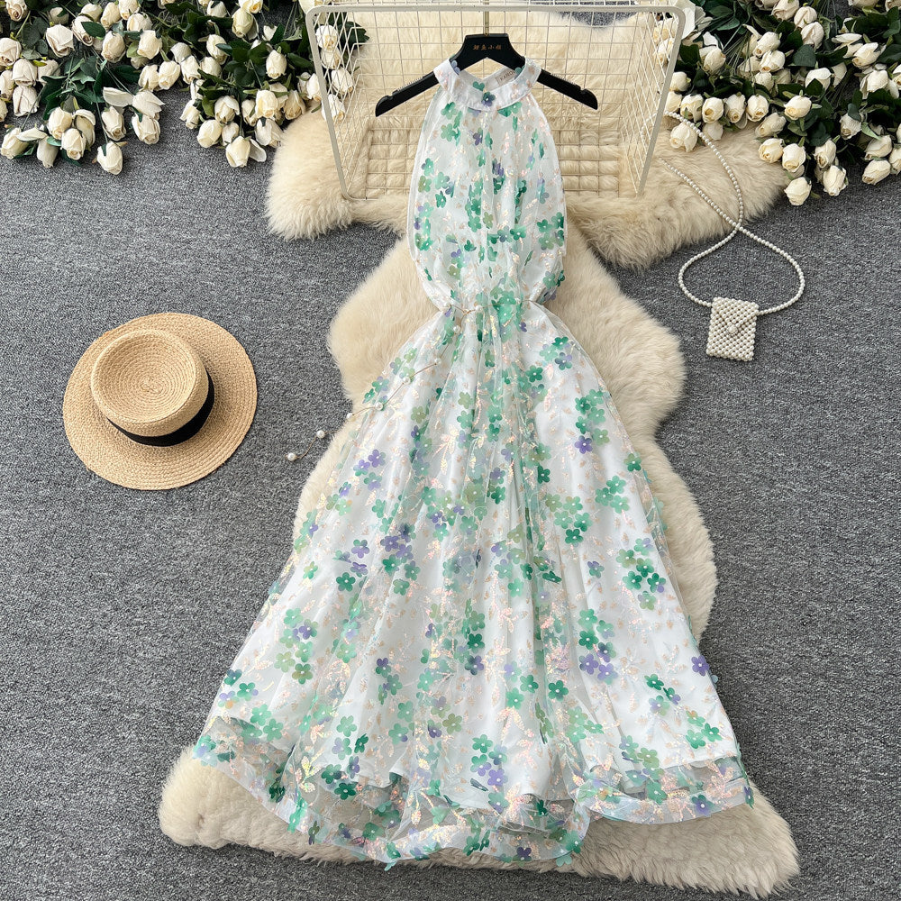 French riviera style halter floral dress - women's summer  high-waisted slimming yellow a-line maxi dress