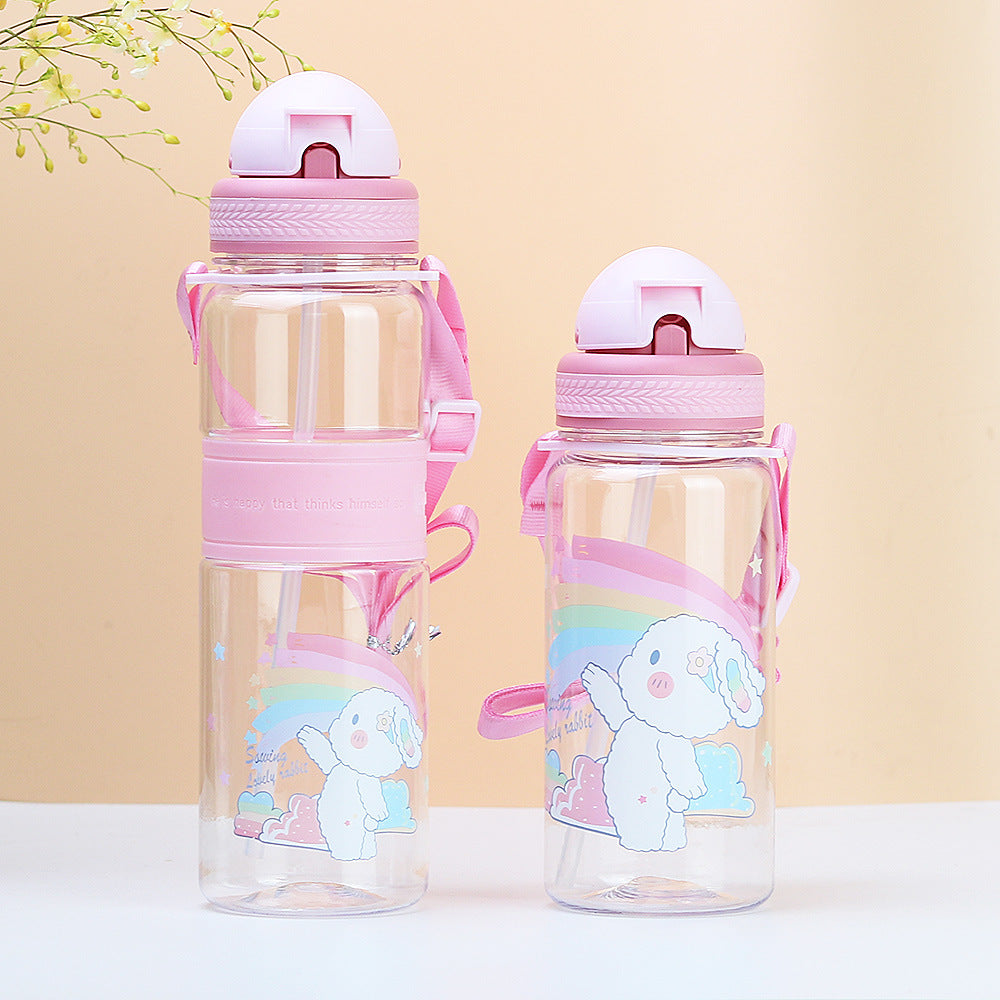 Factory custom cute cartoon kids straw cup cross-border plastic water bottle portable strap flip-top children's water bottle