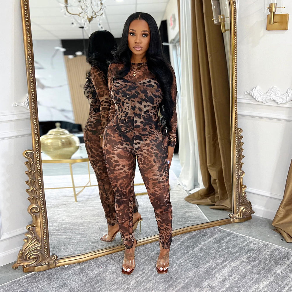 C7541 cross-border   fashion women's sexy leopard print mesh see-through jumpsuit