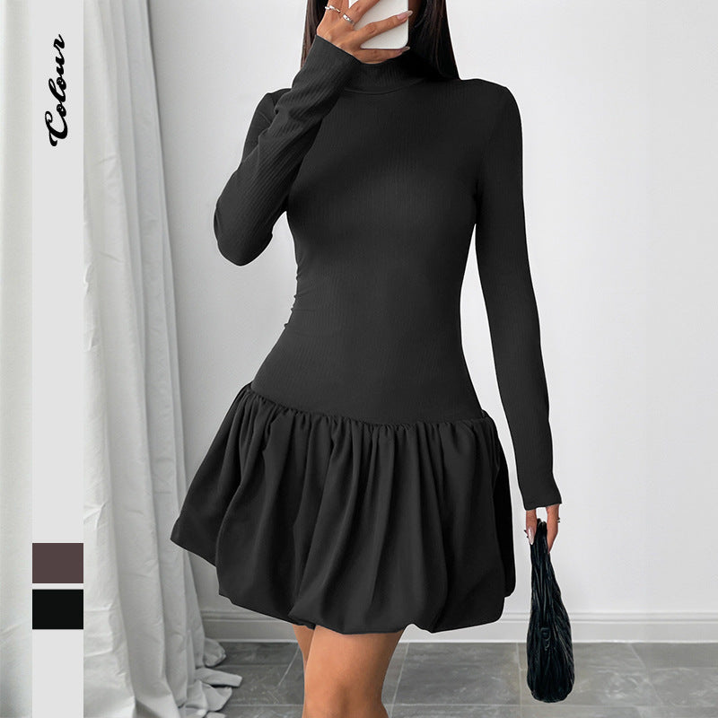 European  2025 new slim-fitting tutu skirt  simple and elegant basic turtleneck long-sleeved solid color dress