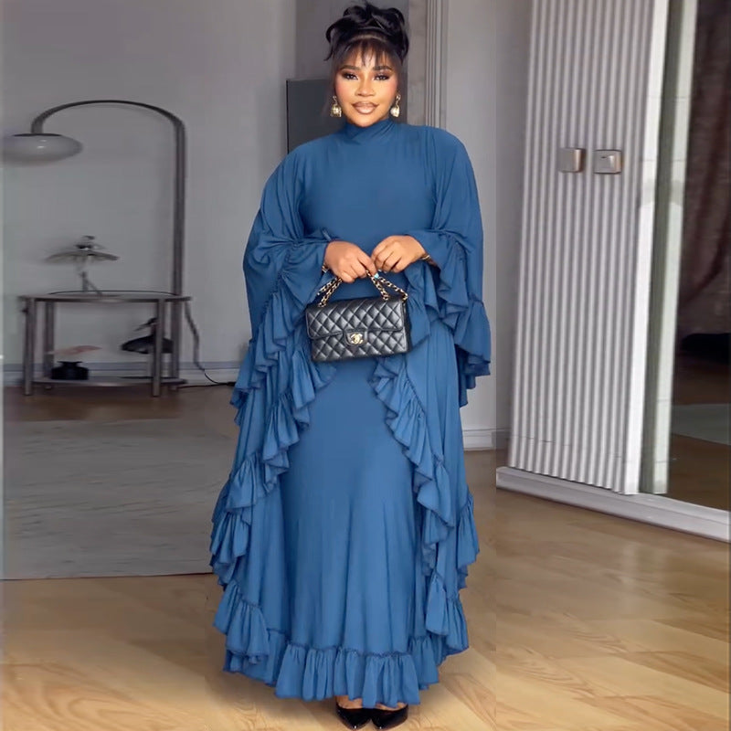 European and American  women's clothing 2025 autumn new fashion semi-turtleneck bat sleeve splicing ruffle dress dress