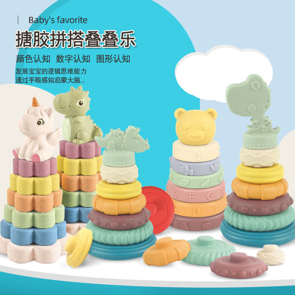 Cross-border export  children's parent-child interaction vinyl dinosaur stacking ring stacking music cognitive soft building block toys