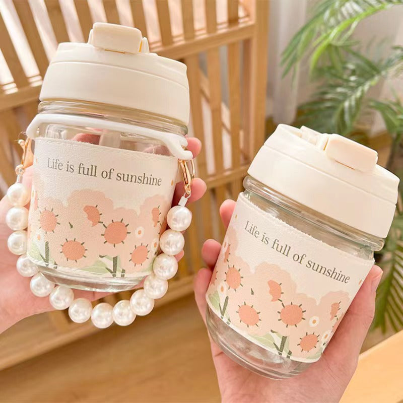 Popular ins style pearl chain satchel water cup small gift souvenir cup good-looking portable glass double drinking cup