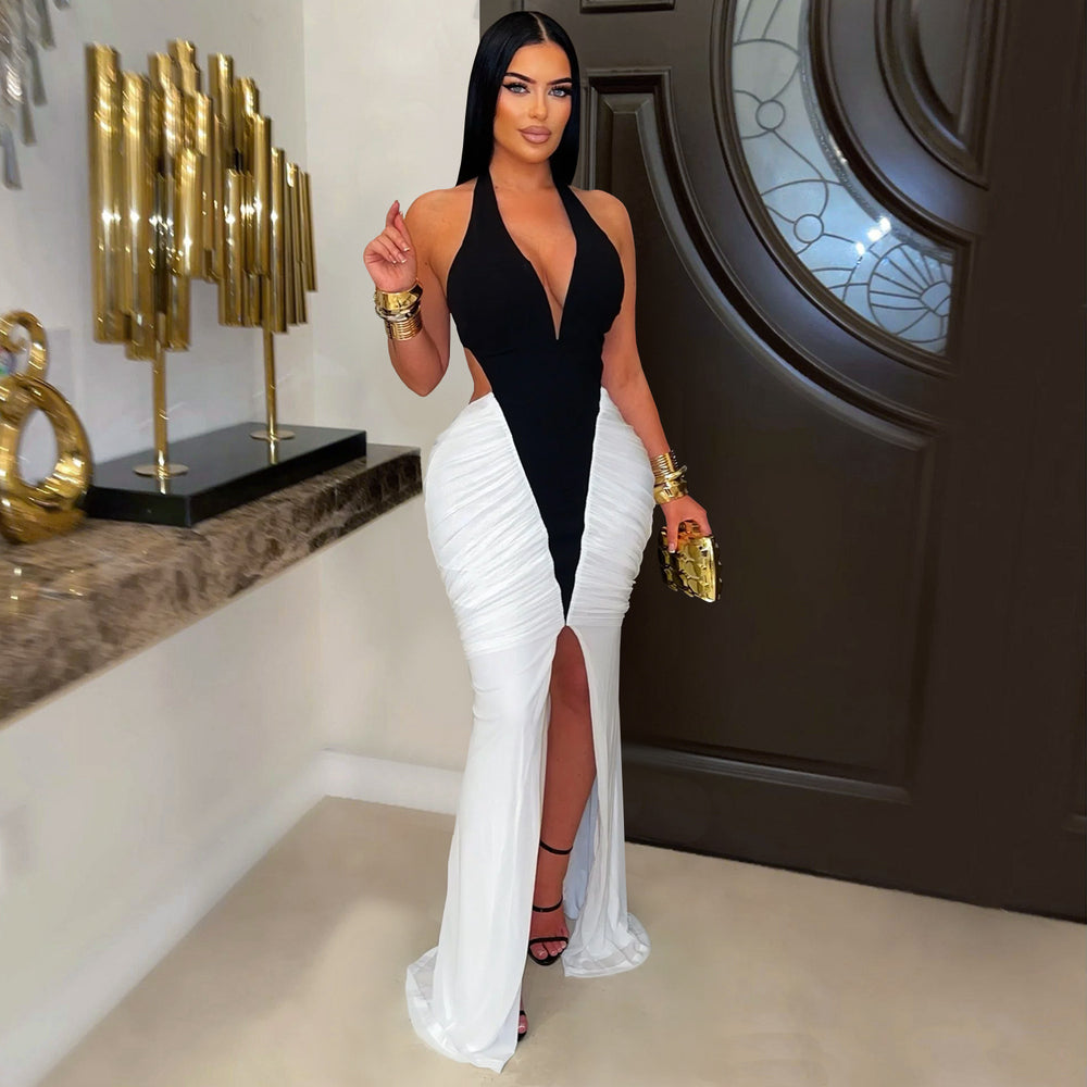C7573 cross-border   fashion women's sexy v-neck sleeveless slit backless dress