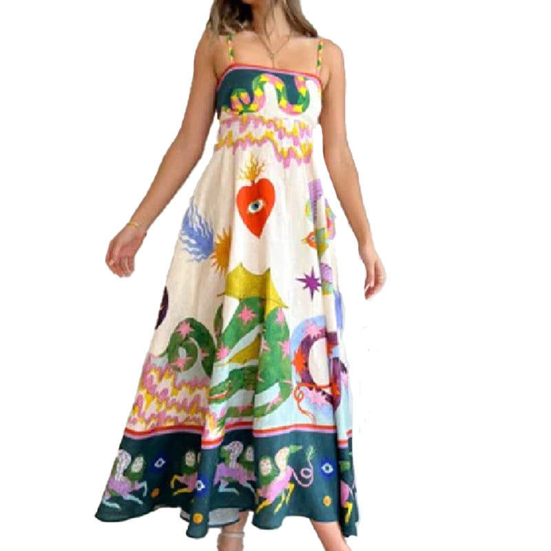 cross-border e-commerce european and american women's clothing: new summer collection - loose-fit art print off-shoulder high-waisted cami dress
