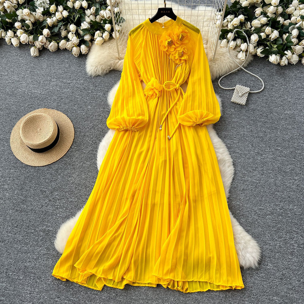 Frenchclassyelegancedress women's heavy industry beading stereo flower strap waist draped large swing pleated long skirt