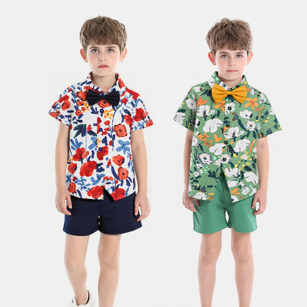 Boys' summer outfit set: new  trendy two-piece floral shirt and shorts set for baby boys