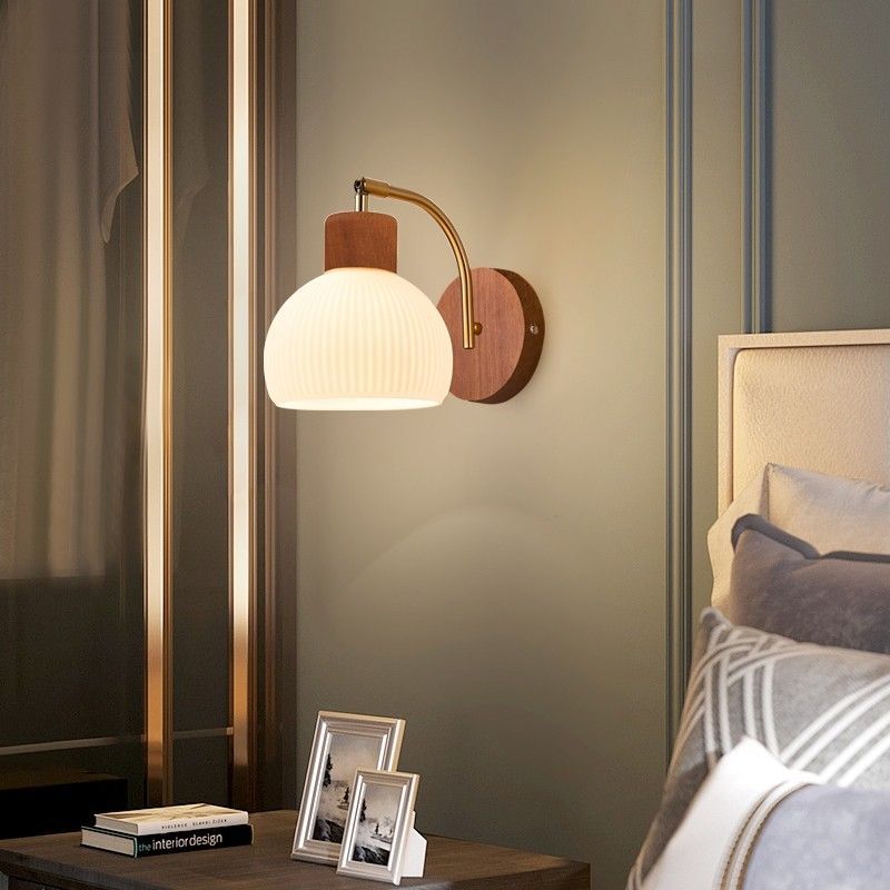 Walnut wall lamp - nordic style pull chain switch, natural wood finish, rotatable, modern minimalist solid wood bedside lamp for bedroom and living room