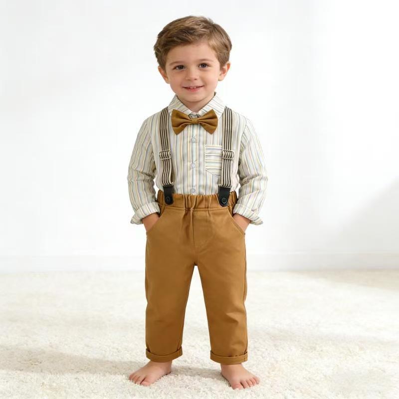 Children's spring new korean style long-sleeved striped shirt overalls bow birthday first birthday dress kids shirt