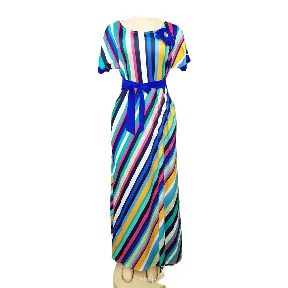 Factory direct export supply: colorful striped batwing sleeve belted maxi dress - clearance sale!