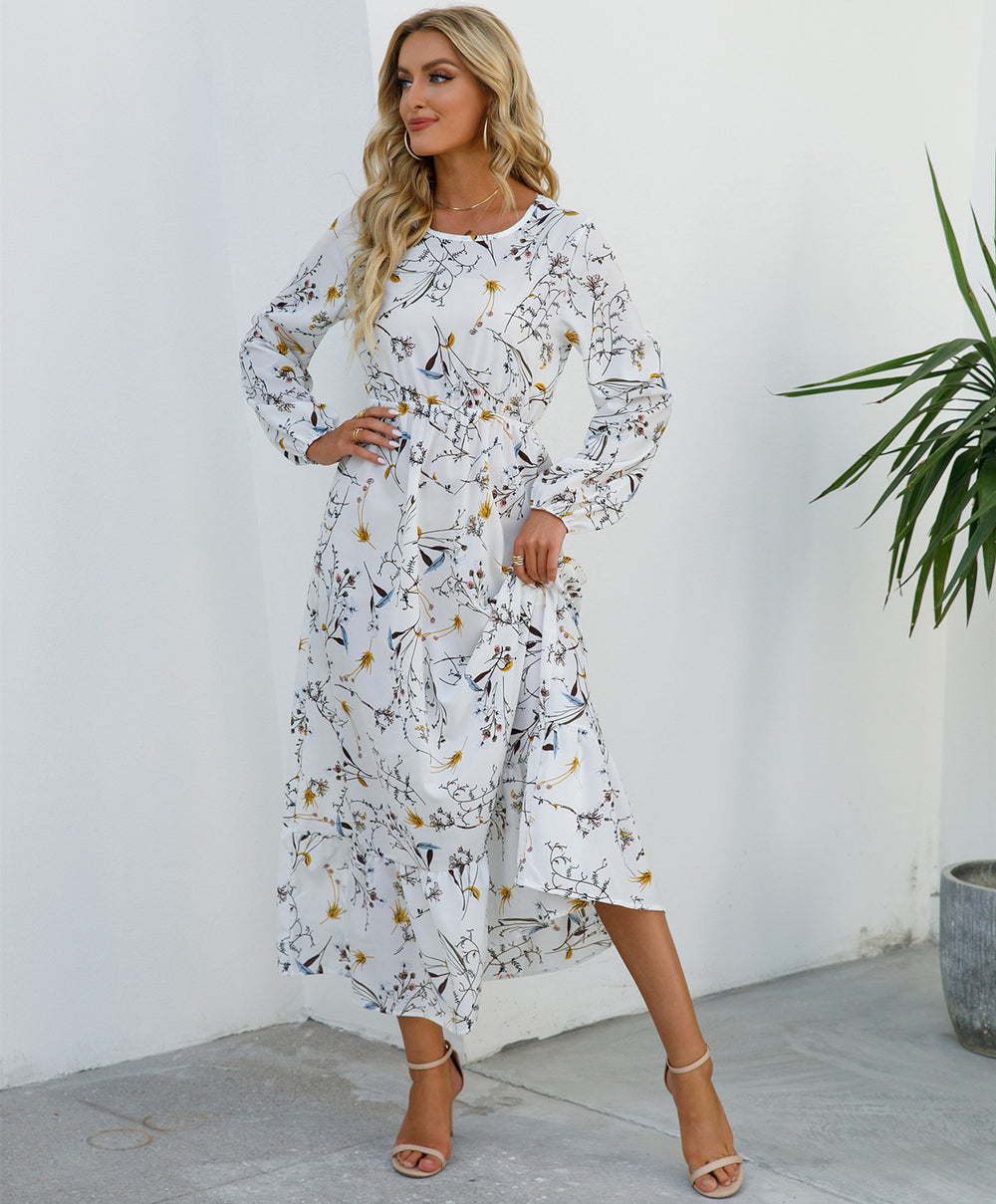 Shopee tk floral dress women's french round neck waist long light mature classysense slimming look cross-border early spring style