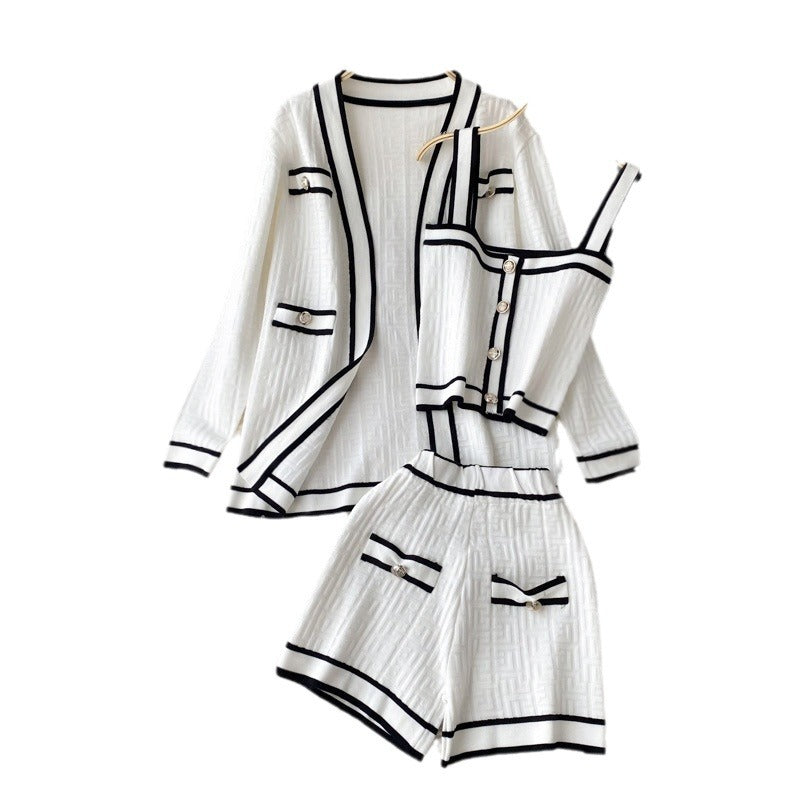 Xiaoxiangfeng autumn clothing 2022 new arrival women's suitlong sleevesknittingcardiganoutwear camisole wide legshorts